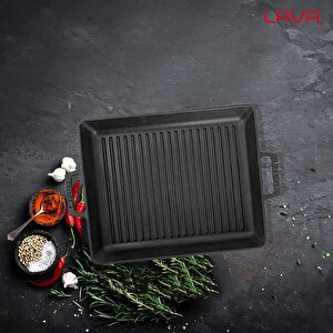 Lava Döküm Dikdörtgen Izgara Tavası Döküm Demir Yekpare Çift Kulplu Ölçü 26x32cm.