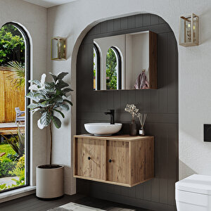 Roomart Lavabolu Mat Mdf 75 Cm Çekmeceli Banyo Dolabı + Aynalı Üst Dolabı