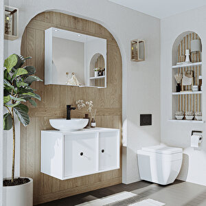 Lavabolu Mat Mdf 75 Cm Çekmeceli Banyo Dolabı + Aynalı Üst Dolabı Beyaz