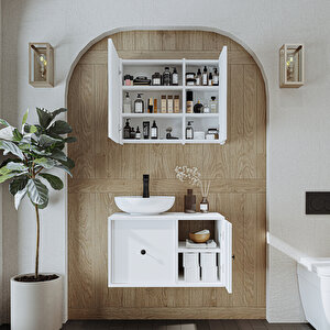 Roomart Lavabolu Mat Mdf 75 Cm Çekmeceli Banyo Dolabı + Aynalı Üst Dolabı