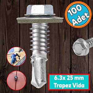 Trapez Çatı Vidası 6.3x25 Mm Paket 100 Adet Matkap Uçlu Sac Akıllı Vida Çatı Panel Metal Ağaç Vidası