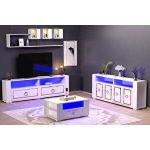 Klei̇n Led Aydinlatmali ,spot Işikli  Tv Üni̇tesi̇, Orta Sehpa Ve Konsol Salon Takımı Beyaz-altın Beyaz