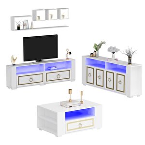 Klei̇n Led Aydinlatmali ,spot Işikli  Tv Üni̇tesi̇, Orta Sehpa Ve Konsol Salon Takımı Beyaz-altın Beyaz