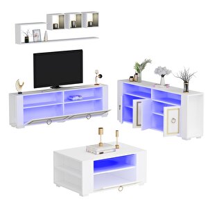 Klei̇n Led Aydinlatmali ,spot Işikli  Tv Üni̇tesi̇, Orta Sehpa Ve Konsol Salon Takımı Beyaz-altın Beyaz
