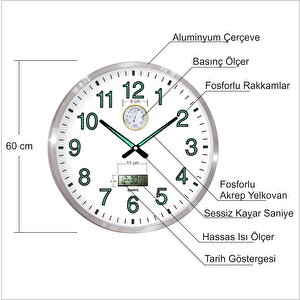 Oda İçin Büyük 60cm Hassas Basınç Ölçer Isı Ölçer Termometreli Tarih Göstergeli Fosforlu Duvar Saati