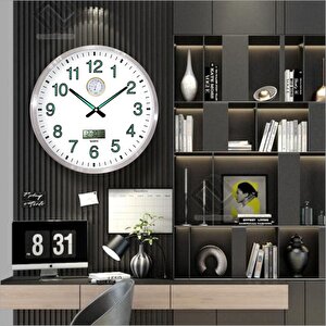 Oda İçin Büyük 60cm Hassas Basınç Ölçer Isı Ölçer Termometreli Tarih Göstergeli Fosforlu Duvar Saati
