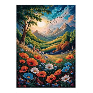 Renkli Çiçekler Ve Manzara Model Mdf Tablo 25cmx 35cm 25x35 cm