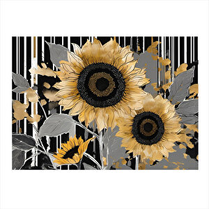 Siyah Beyaz Ay Çiçekler Desenli Ahşap Tablo 25cmx 35cm