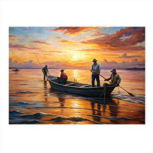 Gün Batımı Ve Sandaldaki Balıkçılar Mdf Poster 25cmx 35cm 25x35 cm