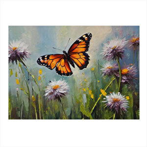 Turuncu Kelebek Ve Çiçekler Dekoratif Ahşap Tablo 25cmx 35cm 25x35 cm