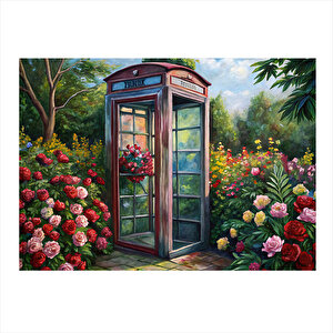 Kırmızı Telefon Kulübesi Ve Çiçekler Art Mdf Poster 35cm X50cm 35x50 cm