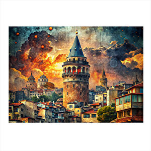 Gün Batımı Ve Galata Kulesi Tasarım Ahşap Tablo 25cmx 35cm 25x35 cm