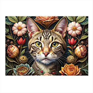 Sevimli Kedi Ve Çiçekler Dekoratif Ahşap Tablo 25cmx 35cm 25x35 cm
