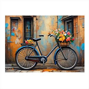 Retro Mavi Bisiklet Ve Çiçekler Tasarım Mdf Tablo 35cm X50cm 35x50 cm