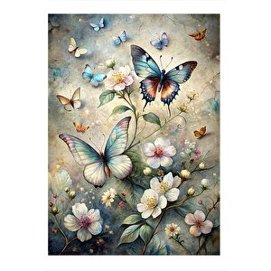 Çiçekler Ve Kelebekler Dekoratif Ahşap Tablo 25cmx 35cm 25x35 cm