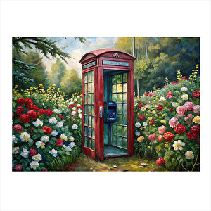 Kırmızı Telefon Kulübesi Ve Çiçekler Mdf Tablo 35cm X50cm 35x50 cm