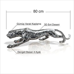 Büyük Ebat 80 Cm Gümüş Varak Jaguar Kaplan Aslan Çita Kedi Vitrin Masa Tv Konsol Sehpa Süsü Objesi