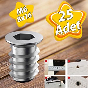 Metal Düz Dişli Dübel Ahşap Dübeli M6 8x16 Diş Çinko Mobilya Bağlantı Ünite Birleştirme (25 Adet)
