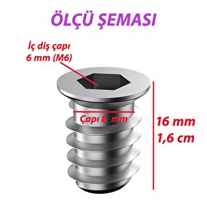 Metal Düz Dişli Dübel Ahşap Dübeli M6 8x16 Diş Çinko Mobilya Bağlantı Ünite Birleştirme (25 Adet)