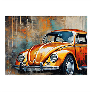Turuncu Retro Kaplumbağa Araba Desenli Ahşap Tablo 35cm X50cm 35x50 cm