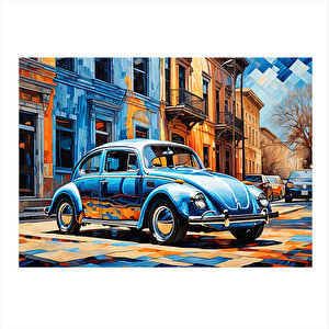Mavi Retro Kaplumbağa Araba Art Mdf Tablo 25cmx 35cm 25x35 cm