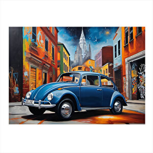 Mavi Retro Kaplumbağa Araba Hediyelik Mdf Tablo 35cm X50cm 35x50 cm