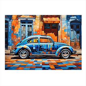Mavi Kaplumbağa Araba Modern Ahşap Tablo 35cm X50cm 35x50 cm
