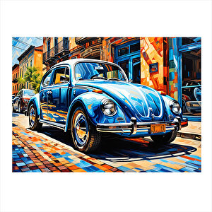 Mavi Retro Kaplumbağa Araba Dekoratif Mdf Tablo 35cm X50cm 35x50 cm