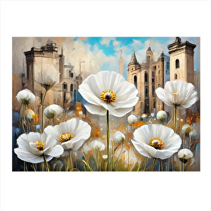 Papatyalar Ve Binalar Tasarım Ahşap Tablo 35cm X50cm 35x50 cm