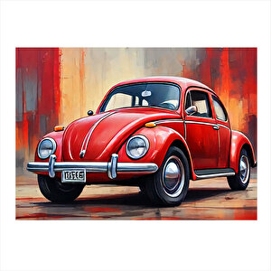 Retro Kırmızı Kaplumbağa Araba Model Ahşap Tablo 35cm X50cm 35x50 cm