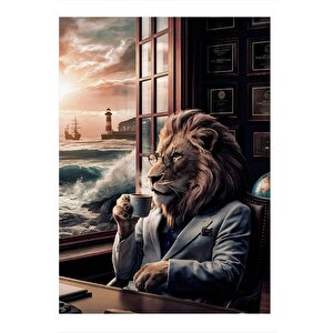 Kahve İçen Aslan Hediyelik Mdf Tablo 25cmx 35cm 25x35 cm