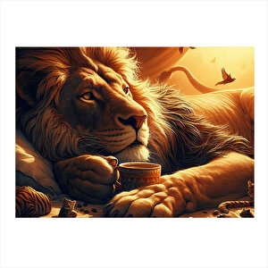 Kahve İçen Aslan Tasarım Ahşap Tablo 35cm X50cm 35x50 cm
