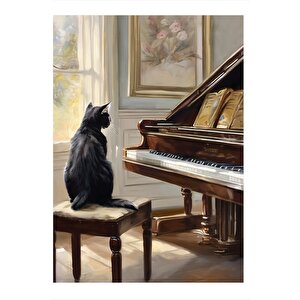 Piyano Ve Kedi Model Ahşap Tablo 35cm X50cm 35x50 cm