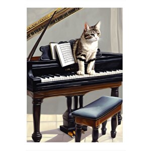 Kedi Ve Piyano Desenli Mdf Tablo 25cmx 35cm 25x35 cm