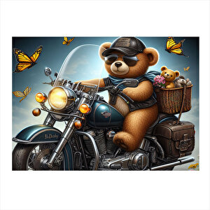 Mavi Chopper Motosiklet Ve Ayıcık Hediyelik Mdf Tablo 35cm X50cm 35x50 cm