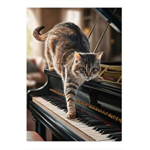 Piyano Ve Kedi Model Ahşap Tablo 25cmx 35cm 25x35 cm