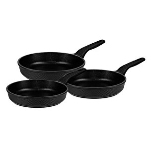 Oms 3737 Fry Pan Döküm Granit 3 Parça Tava Seti Siyah (20-24-28 Cm)