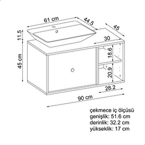 Gusto Ayaksız Lavabolu Mdf 90 Cm Çekmeceli Banyo Dolabı Beyaz