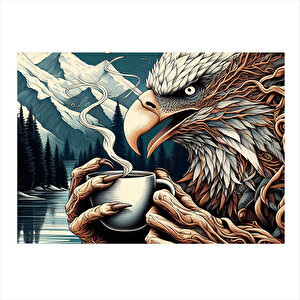 Kahve İçen Kartal Dekoratif Ahşap Tablo 35cm X50cm 35x50 cm