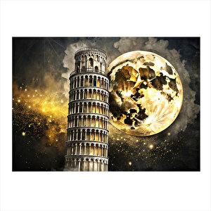 Pisa Kulesi Ve Dolunay Desenli Ahşap Tablo 35cm X50cm 35x50 cm