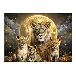 Aslan Ailesi Ve Dolunay Dekoratif Mdf Tablo 25cmx 35cm 25x35 cm