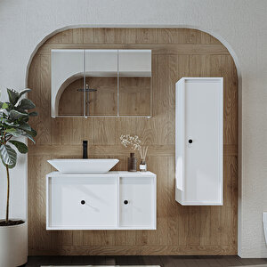 Lavabolu Mat Mdf 90 Cm Çekmeceli Banyo Dolabı + Aynalı Üst Dolabı + Boy Dolabı Beyaz