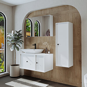 Lavabolu Mat Mdf 90 Cm Çekmeceli Banyo Dolabı + Aynalı Üst Dolabı + Boy Dolabı Beyaz