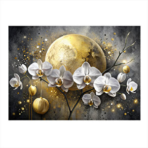 Dolunay Ve Beyaz Orkideler Modern Ahşap Tablo 25cmx 35cm 25x35 cm