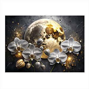 Beyaz Orkideler Ve Dolunay Art Mdf Poster 25cmx 35cm 25x35 cm