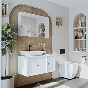 Lavabolu Mat Mdf 90 Cm Çekmeceli Banyo Dolabı + Aynalı Üst Dolabı Beyaz
