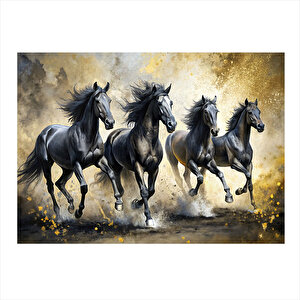 Koşan Siyah Atlar Modern Ahşap Tablo 25cmx 35cm 25x35 cm