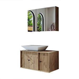Roomart Lavabolu Mat Mdf 90 Cm Çekmeceli Banyo Dolabı + Aynalı Üst Dolabı