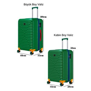 Büyük Ve Kabin Boy 2'li Valiz Seti %100 Polikarbon Valiz 4x2 Teker Yeşil 1088