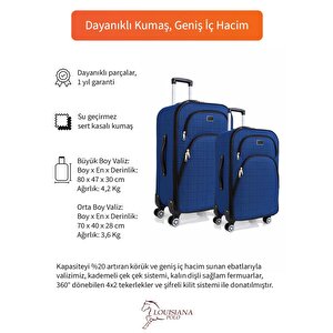 Büyük Ve Orta Boy Valiz Seti 4 Teker Kumaş Valiz Saks Mavi 1081